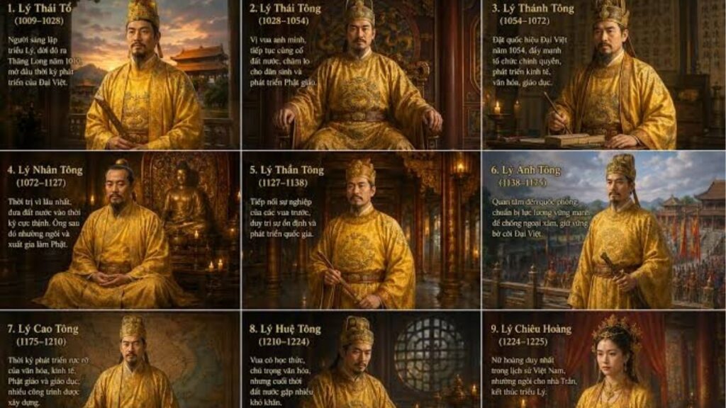 9 đời vua nhà Lý theo thứ tự từ Lý Thái Tổ đến Lý Chiêu Hoàng